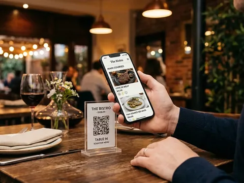 Πελάτης σκανάρει ένα QR σταντ και διαβάζει τον κατάλογο στο κινητό